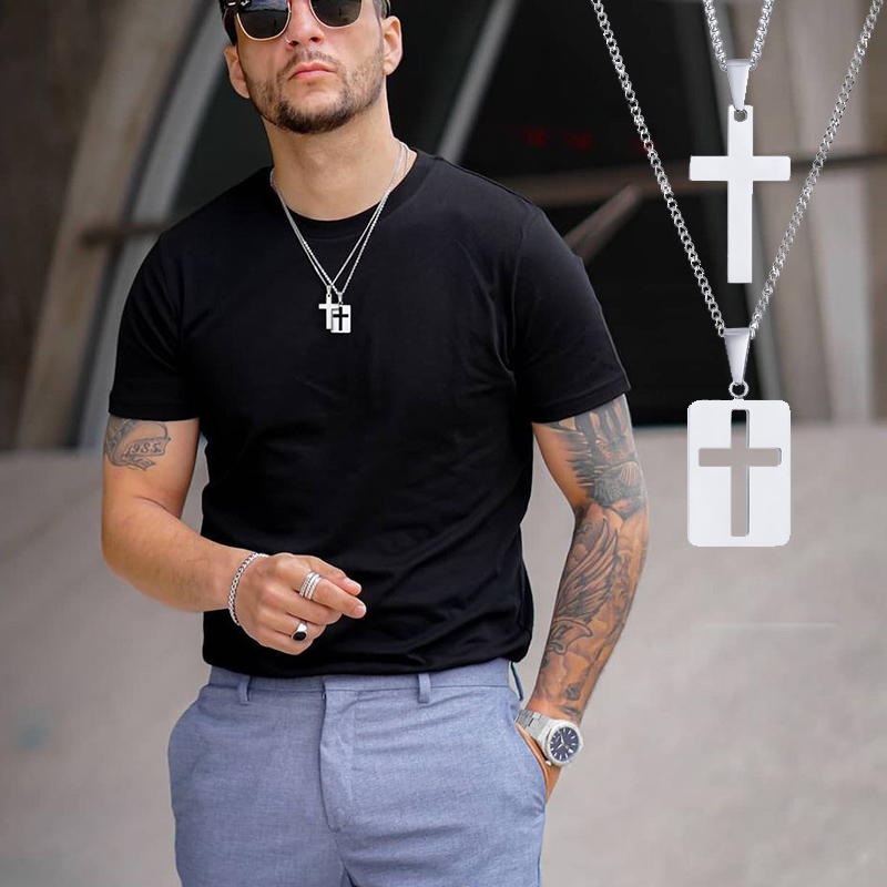 Mens Dog Tag Necklace - Męskie naszyjniki, krzyż wyciąć wisiorek, stal